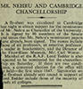 Cutting from a newspaper, containing an article headed ‘Mr Nehru and Cambridge Chancellorship’