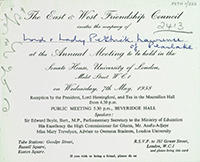Card from the East and West Friendship Council, inviting Lord and Lady Pethick-Lawrence to their annual meeting on 7 May 1958